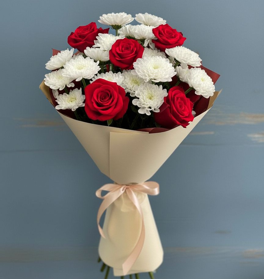 Букет цветов из: Розы и Хризантемы в Попово-Лежачах