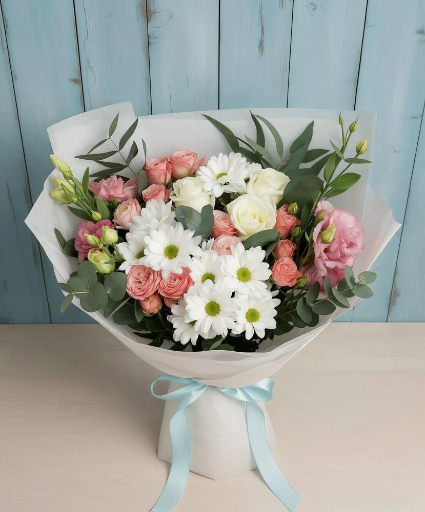 Букет цветов из: Розы, Лизиантусы и Хризантемы в Попово-Лежачах