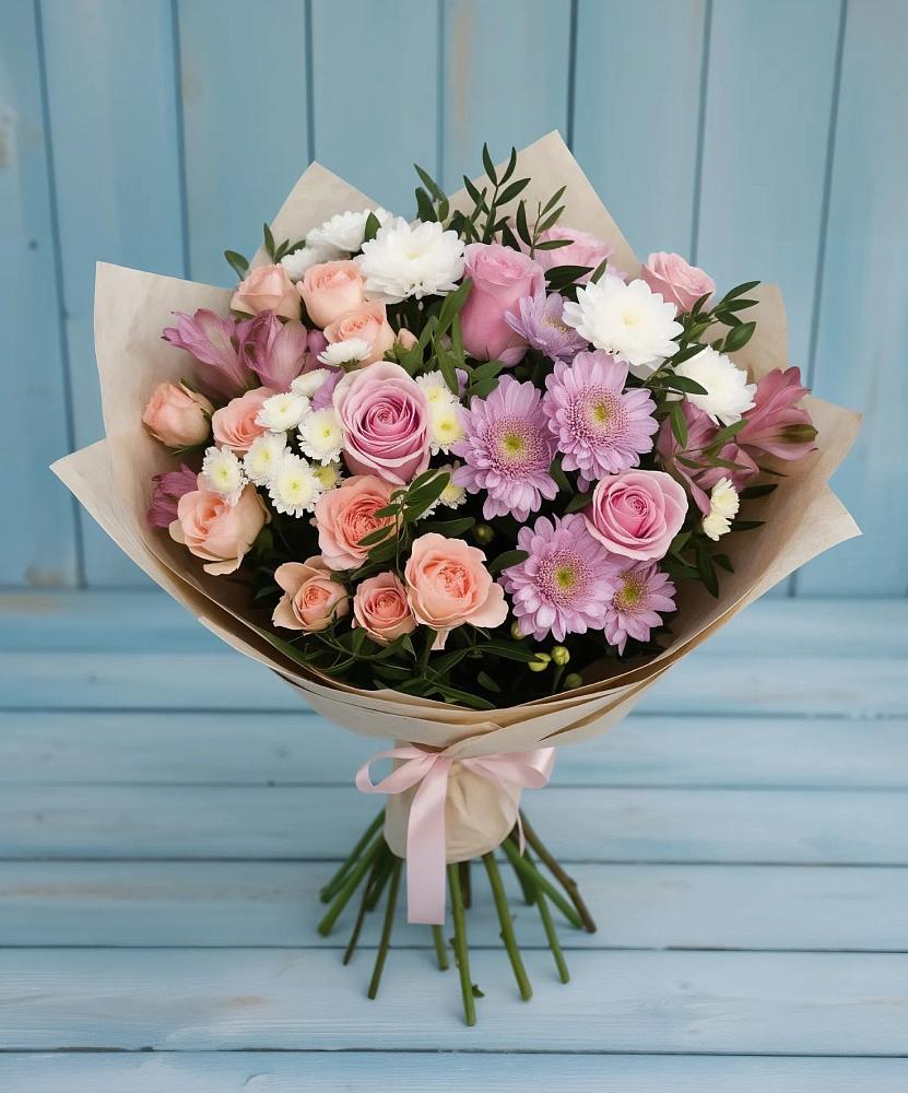 Букет цветов из: Хризантемы, Розы и Альстромерии в Попово-Лежачах