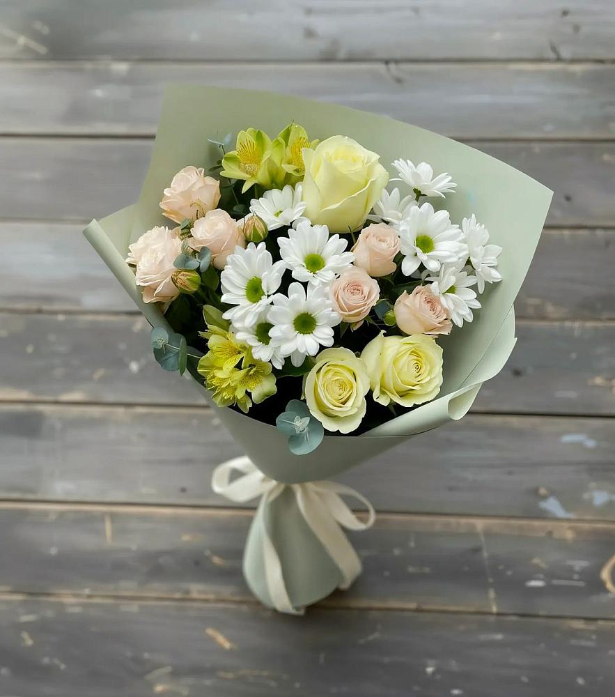 Букет цветов из: Альстромерии, Розы и Хризантемы в Попово-Лежачах