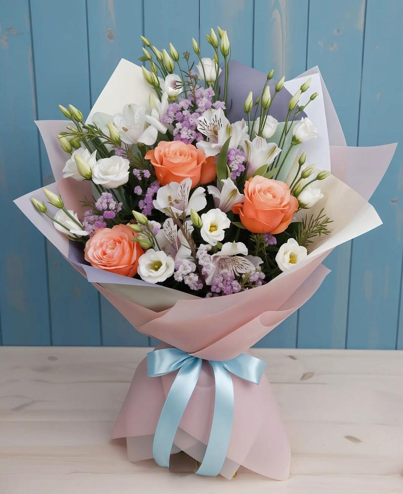 Букет цветов из: Лизиантусы, Розы, Альстромерии и Гипсофила в Попово-Лежачах