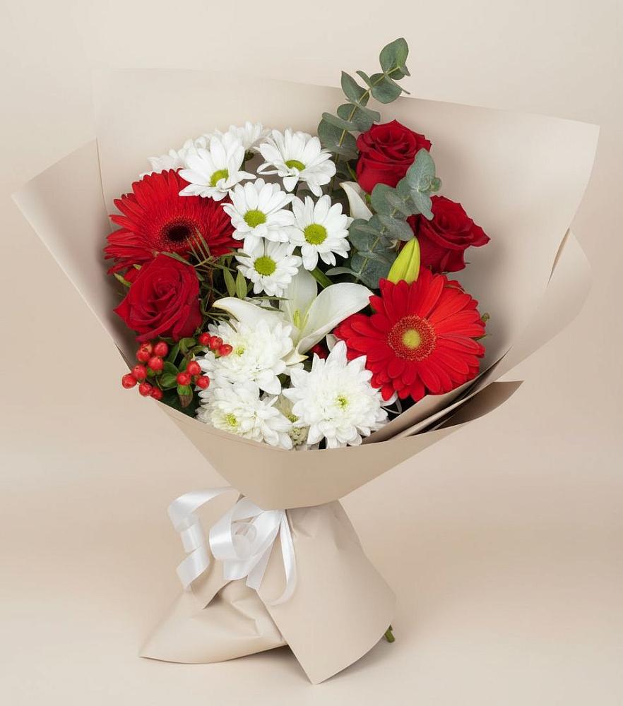 Букет цветов из: Розы, Хризантемы, Герберы и Лилии в Попово-Лежачах
