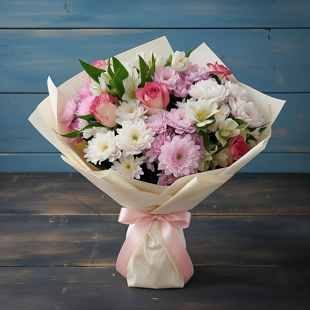 Букет цветов из: Хризантемы, Альстромерии и Розы в Попово-Лежачах